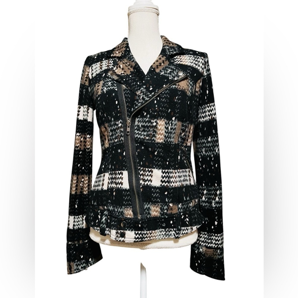 FREE PEOPLE WOMEN’S MOTTO JACKET SIZE 6 BLACK WITH TAN & GREEN